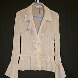 White Ruffle Front Blouse Chiffon Long Sleeve Large